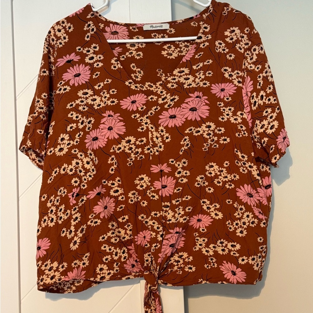 Madewell Daisy Print Tie-Front V-Neck Blouse Brown Pink Floral Medium - Picture 6 of 9